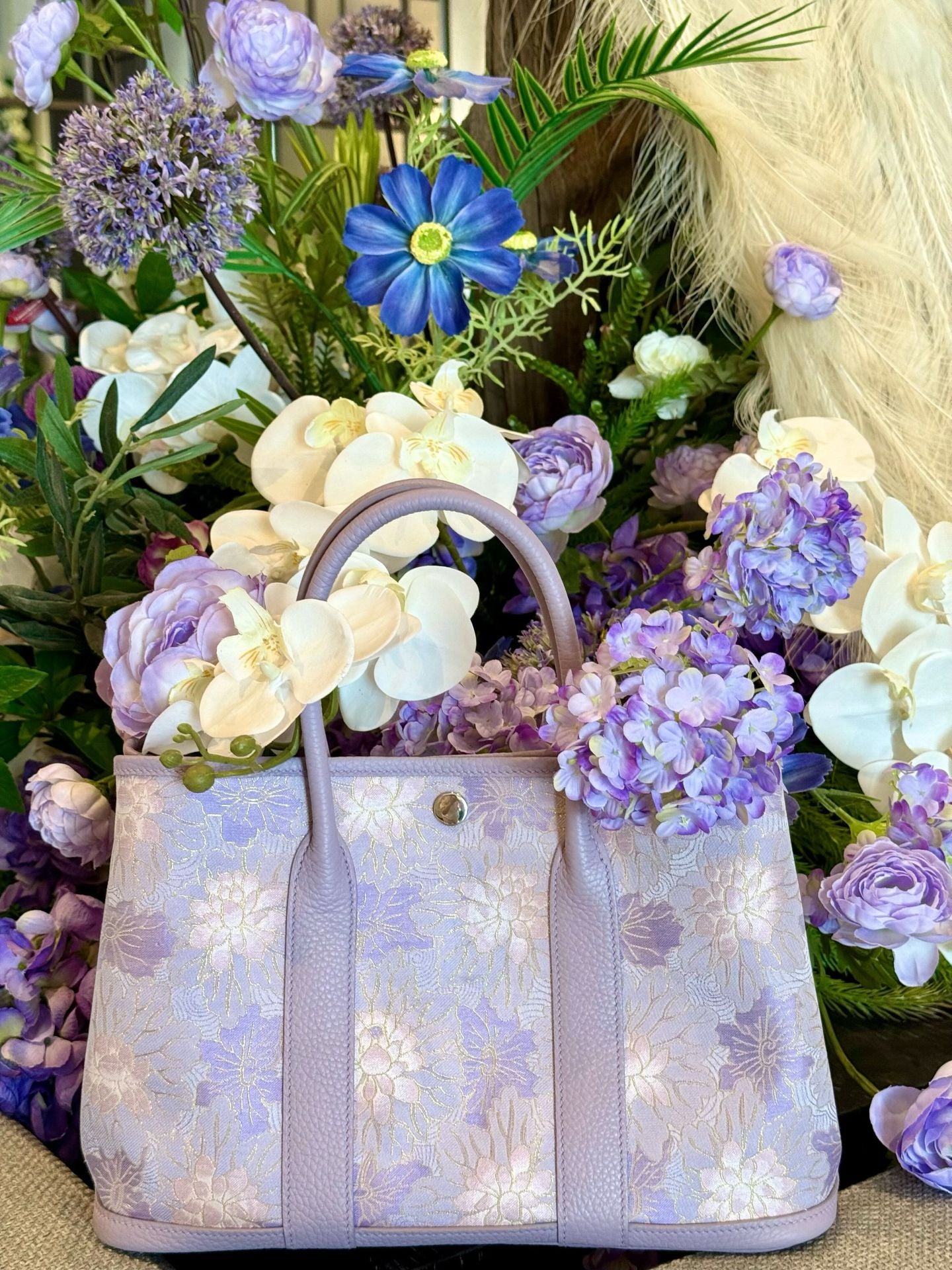 Song Brocade Garden Tote bag– Mulberry Silk & Top-Grain Leather