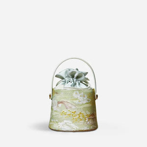 Chinese Painting Mulberry Silk Green Bucket Designer Handbag - SinoCultural -- P17061805