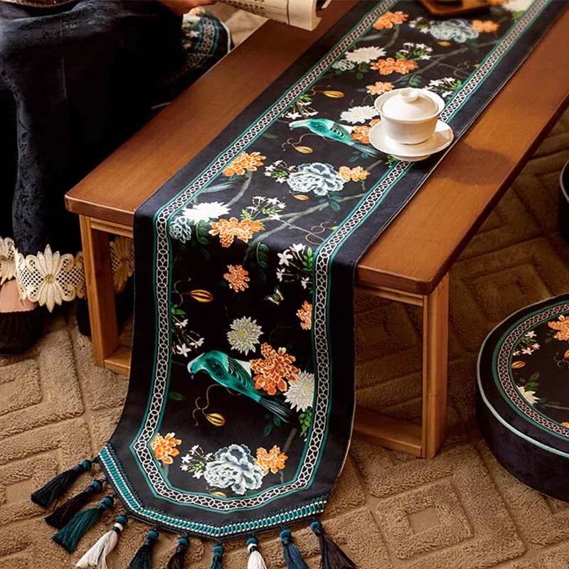 Chinoiserie Luxury Long Rectangular Black Floral Table Runner - SinoCultural -- TR026A160