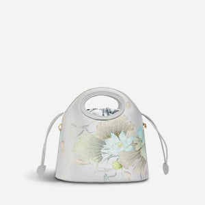 Printed Jacquard Lotus Khaki Drawstring Bucket Bag - SinoCultural -- LD120670-3