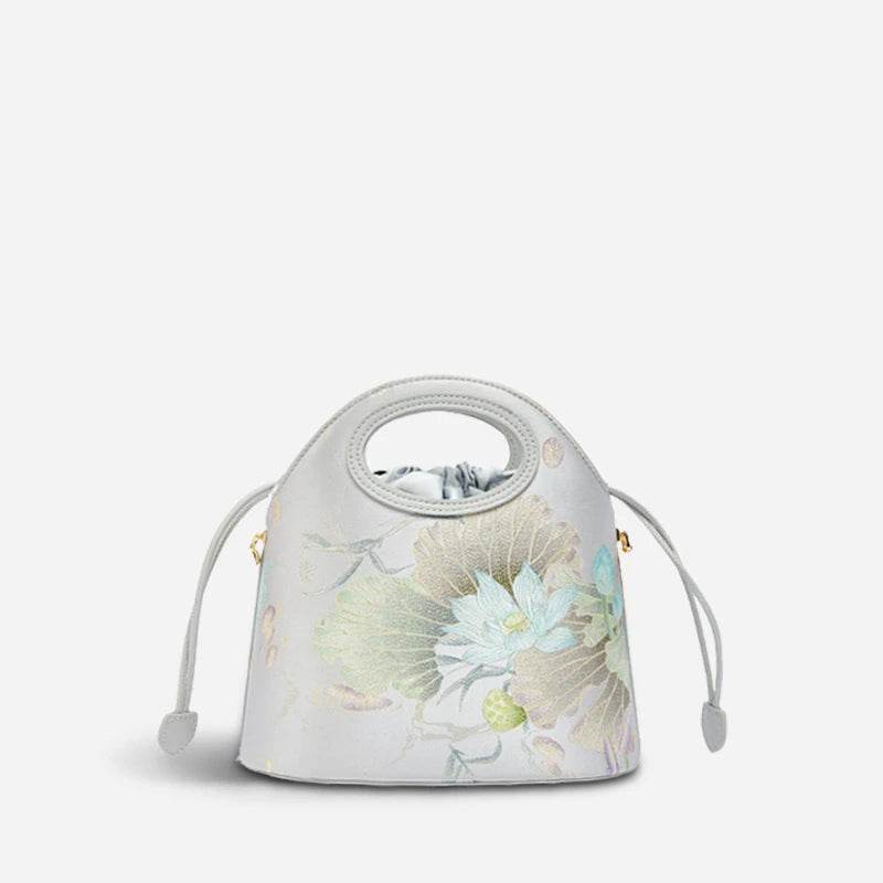Printed Jacquard Lotus Khaki Drawstring Bucket Bag - SinoCultural -- LD120670-3