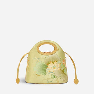 Printed Jacquard Lotus Khaki Drawstring Bucket Bag - SinoCultural -- LD120670-3