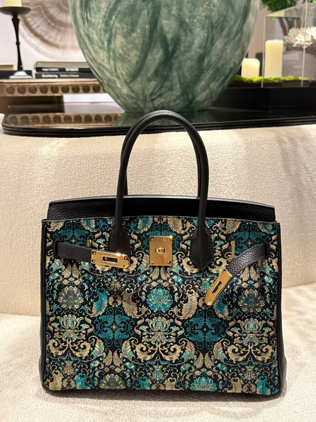 Chinoiserie Luxury Song Brocade Aesthetic Top-Handle Bag — Black Banana Leaf Lotus-brocademodern