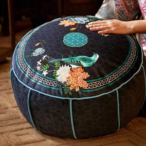 Chinoiserie Plush Bird Blue Living Room Rest Pouf - SinoCultural -- B48J0020-C
