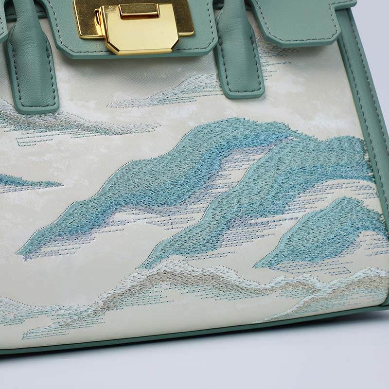 Embroidery Leather Elegant Birkin Handbag Cloud Mountain - SinoCultural -- P120659-1