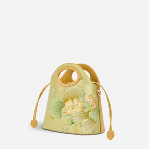 Printed Jacquard Lotus Green Drawstring Bucket Bag - SinoCultural -- LD120670-2