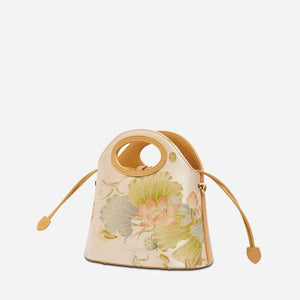 Printed Jacquard Lotus Khaki Drawstring Bucket Bag - SinoCultural -- LD120670-3