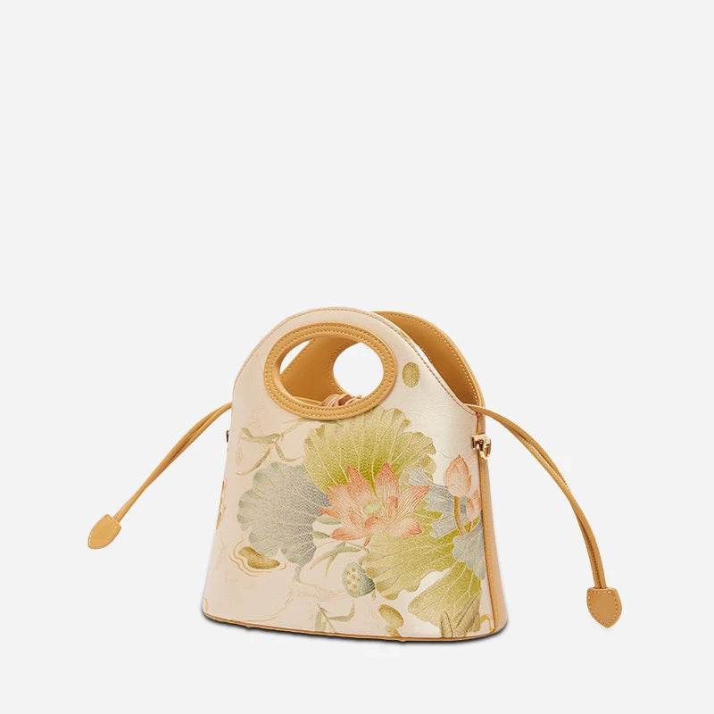 Printed Jacquard Lotus Khaki Drawstring Bucket Bag - SinoCultural -- LD120670-3