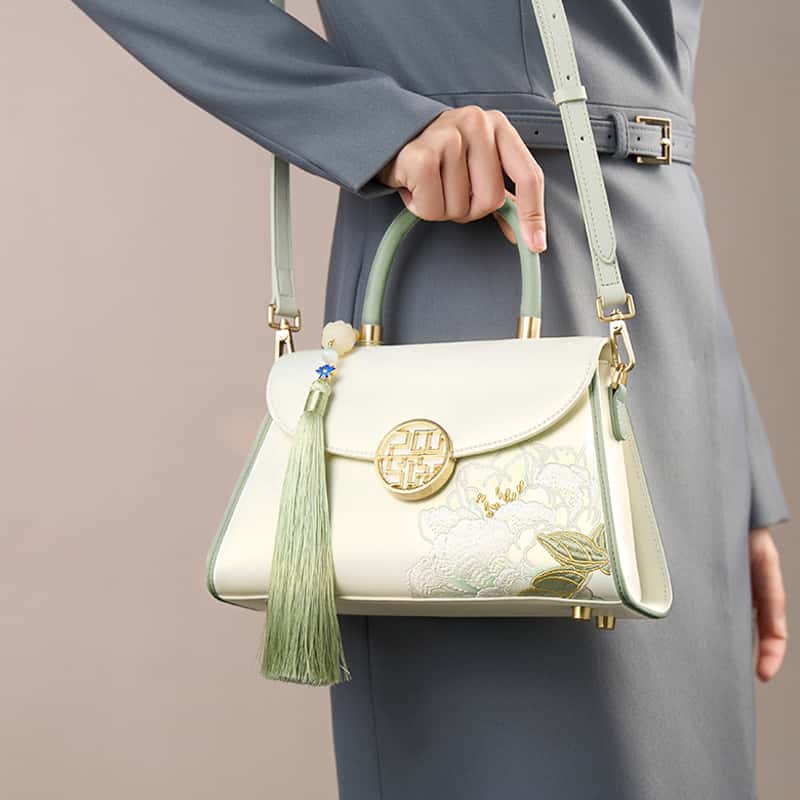 Embroidery Leather White Crossbody Bag Hibiscus Women Handbag