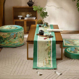 Chinoiserie Elegant Green Mountain Tea Table Runner - SinoCultural -- TR029A160