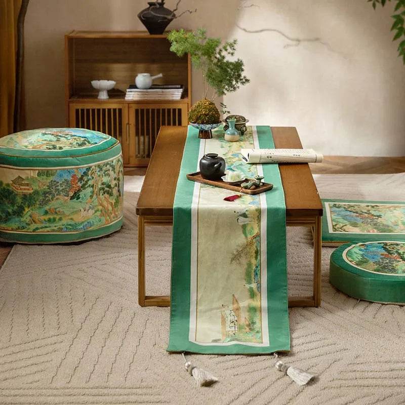 Chinoiserie Elegant Green Mountain Tea Table Runner - SinoCultural -- TR029A160