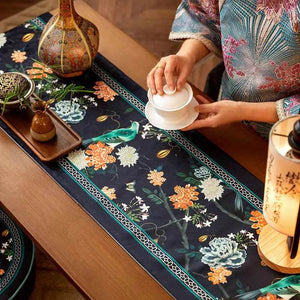 Chinoiserie Luxury Long Rectangular Black Floral Table Runner - SinoCultural -- TR026A160