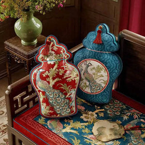 Chinoiserie Original Luxurious Vase-Shaped Peacock Lumbar Pillow - SinoCultural -- SJZBZ064A01