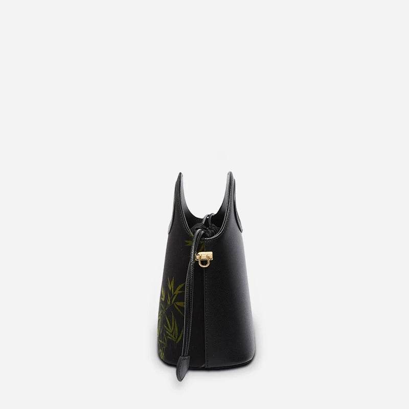Xiangyunsha Silk Bamboo Black Drawstring Bucket Bag - SinoCultural -- YS120670-1