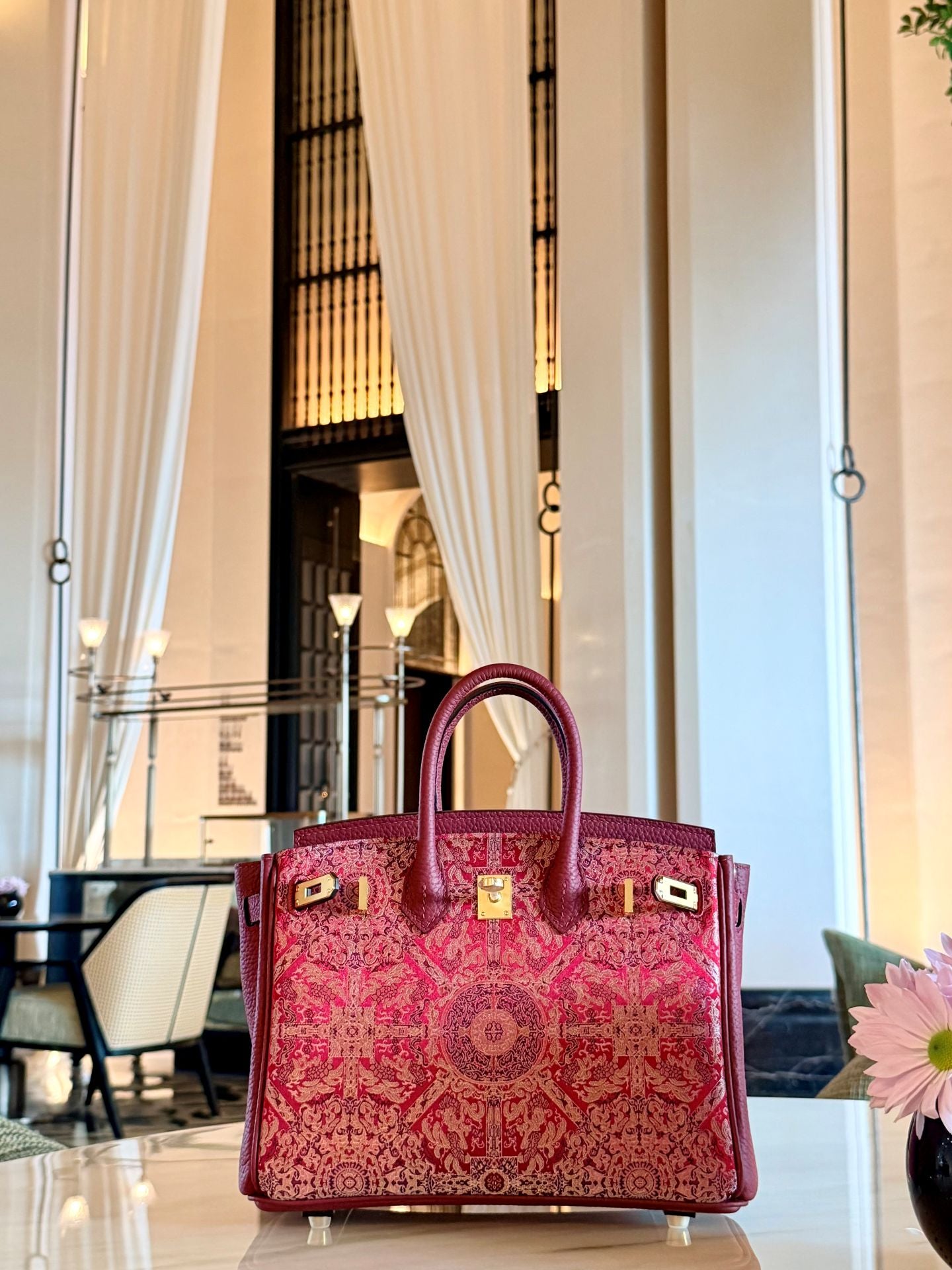 Chinoiserie Luxury Song Brocade Structured Top-Handle Bag — Red Bada Luck Pattern-brocademdoern