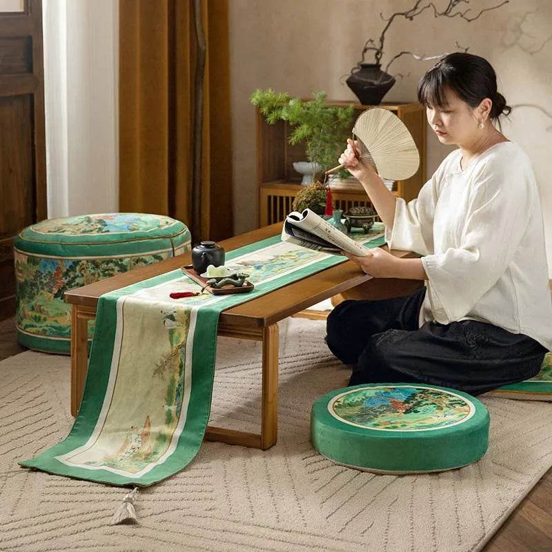 Chinoiserie Elegant Green Mountain Tea Table Runner - SinoCultural -- TR029A160