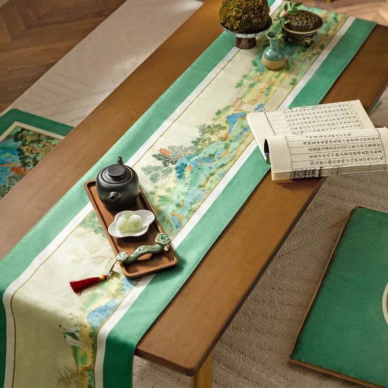 Chinoiserie Elegant Green Mountain Tea Table Runner - SinoCultural -- TR029A160