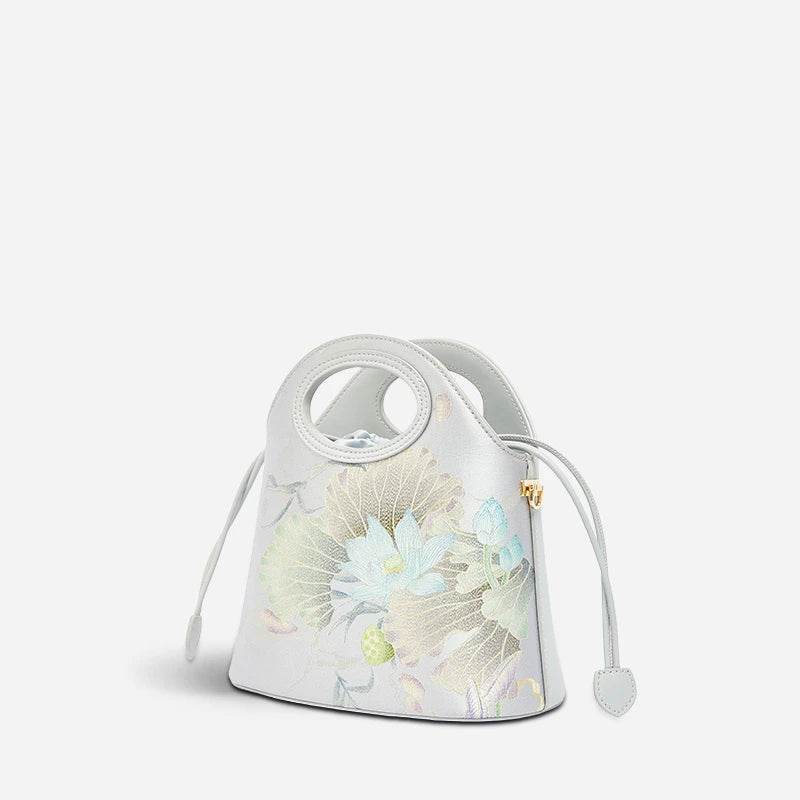 Printed Jacquard Lotus Gray Drawstring Bucket Bag - SinoCultural -- LD120670-1