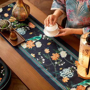 Chinoiserie Luxury Long Rectangular Black Floral Table Runner - SinoCultural -- TR026A160