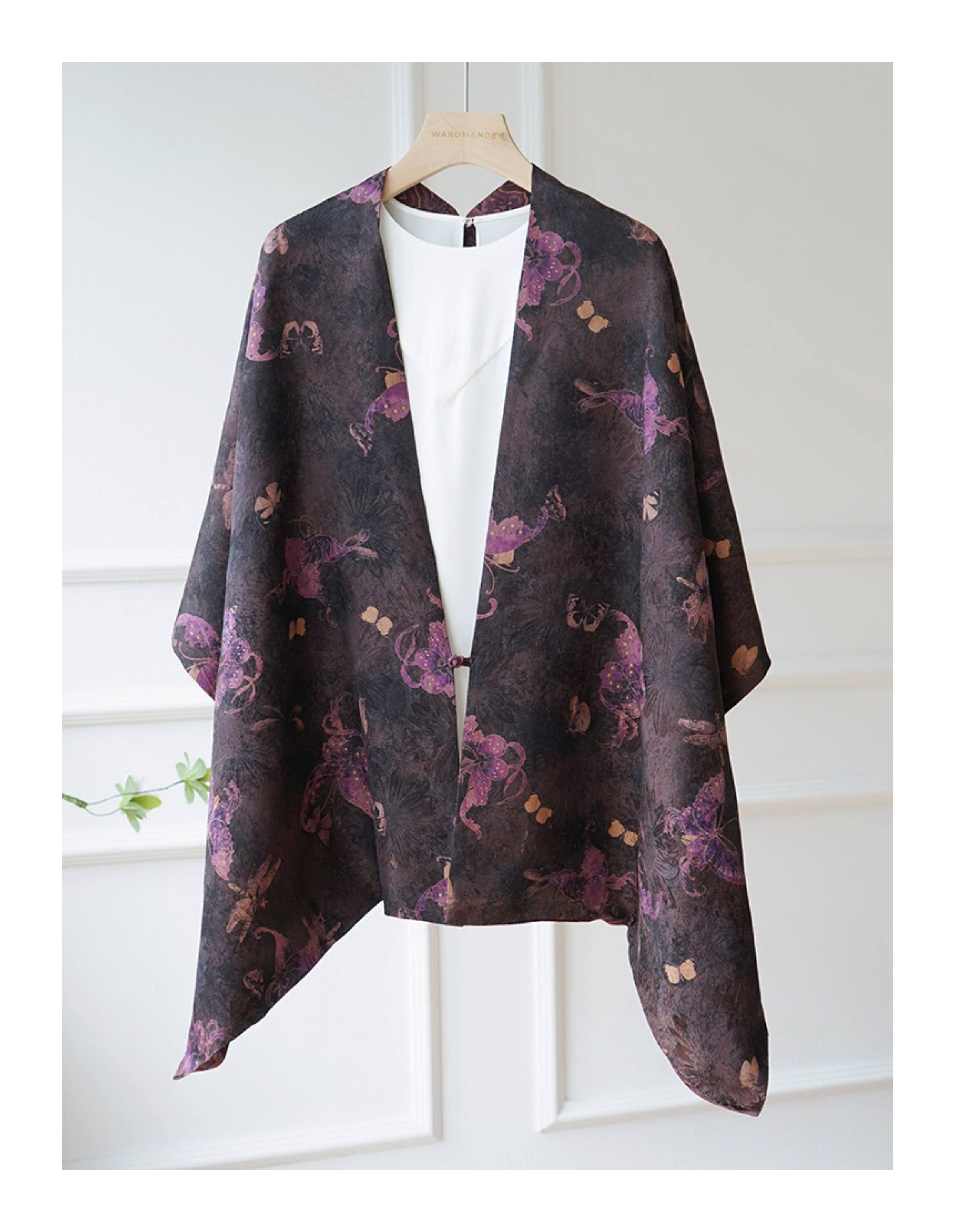 Close view of Xiangyunsha silk scarf showing smooth silk texture, color detail, and refined drape featuring Double-Sided Wrap