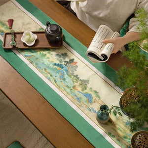 Chinoiserie Elegant Green Mountain Tea Table Runner - SinoCultural -- TR029A160