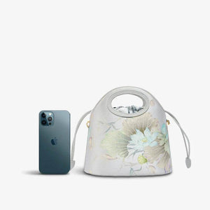 Printed Jacquard Lotus Gray Drawstring Bucket Bag - SinoCultural -- LD120670-1