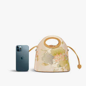 Printed Jacquard Lotus Khaki Drawstring Bucket Bag - SinoCultural -- LD120670-3
