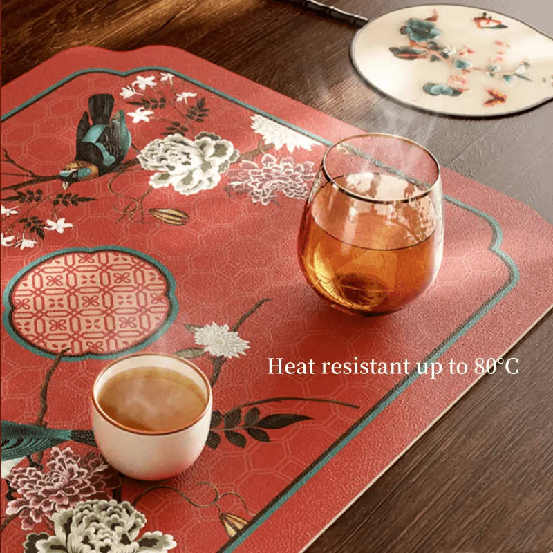 Chinoiserie Royal Red Festive Leather Tea Table Mat - SinoCultural -- TM039A15