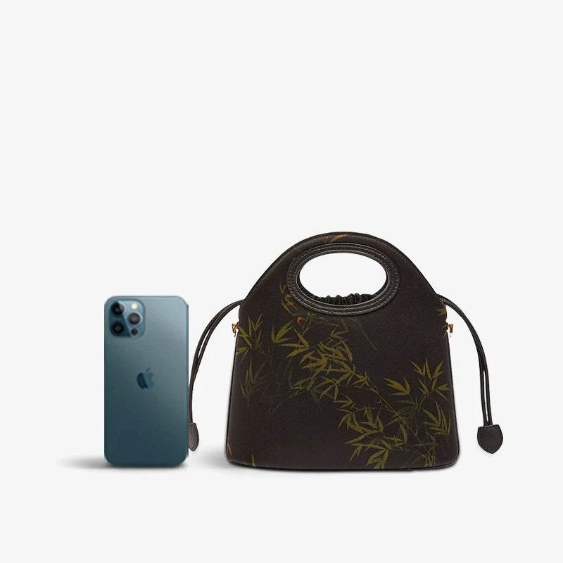 Xiangyunsha Silk Bamboo Black Drawstring Bucket Bag - SinoCultural -- YS120670-1