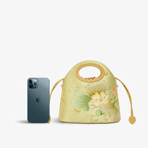 Printed Jacquard Lotus Green Drawstring Bucket Bag - SinoCultural -- LD120670-2