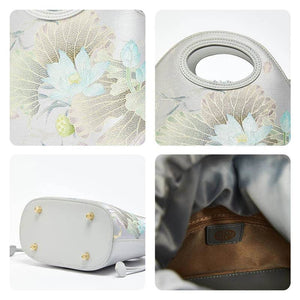 Printed Jacquard Lotus Gray Drawstring Bucket Bag - SinoCultural -- LD120670-1