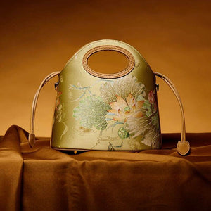 Printed Jacquard Lotus Green Drawstring Bucket Bag - SinoCultural -- LD120670-2