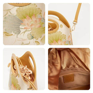 Printed Jacquard Lotus Khaki Drawstring Bucket Bag - SinoCultural -- LD120670-3