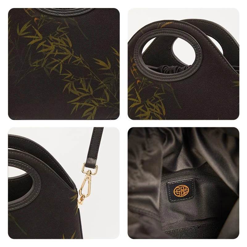 Xiangyunsha Silk Bamboo Black Drawstring Bucket Bag - SinoCultural -- YS120670-1