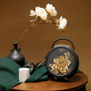 Embroidery Leather Round Handbag High Luxury Royal Gold Peony - SinoCultural -- P110171