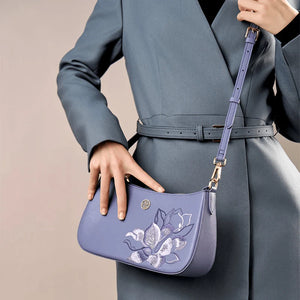 Embroidery Leather Red Shoulder Bag Peony Women's Hobo Handbag - SinoCultural -- P220212-1