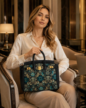 Chinoiserie Luxury Song Brocade Aesthetic Top-Handle Bag — Black Banana Leaf Lotus-brocademodern