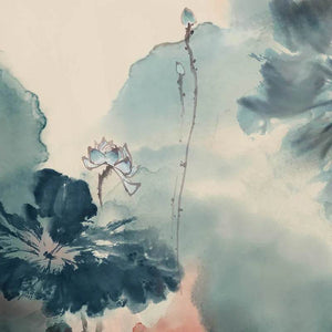 100% Mulberry Silk Ink Lotus Serene Design Long Scarf 180 x 50 Cm - SinoCultural -- LS075-1