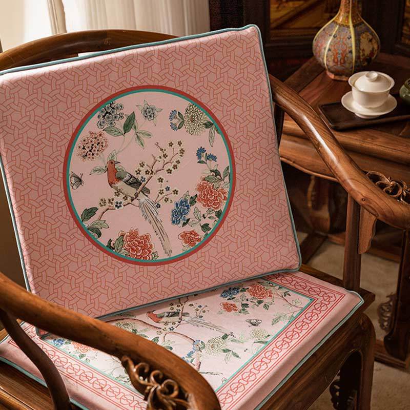Chinoiserie Spring Powder Pink High-end Wooden Chair Cushion - SinoCultural -- SC005A38