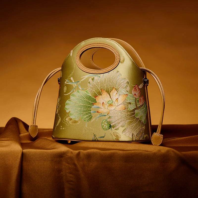 Printed Jacquard Lotus Green Drawstring Bucket Bag - SinoCultural -- LD120670-2