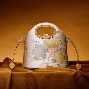 Printed Jacquard Lotus Khaki Drawstring Bucket Bag - SinoCultural -- LD120670-3