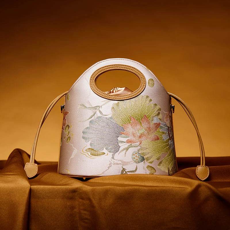 Printed Jacquard Lotus Khaki Drawstring Bucket Bag - SinoCultural -- LD120670-3