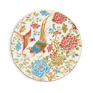 11’’ Chinoiserie bone china round dinner plate with floral and bird design.