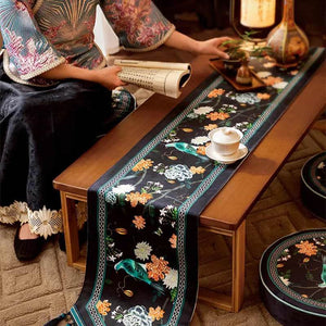 Chinoiserie Luxury Long Rectangular Black Floral Table Runner - SinoCultural -- TR026A160