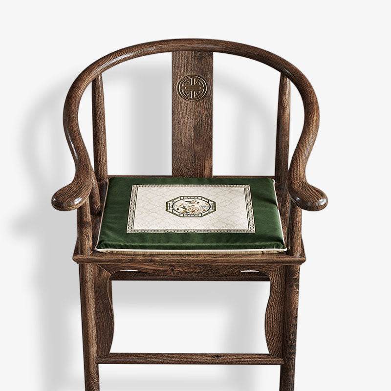 Chinoiserie Warm Spring Dark Green Flower and Birds Chair Cushion - SinoCultural -- SC012A38