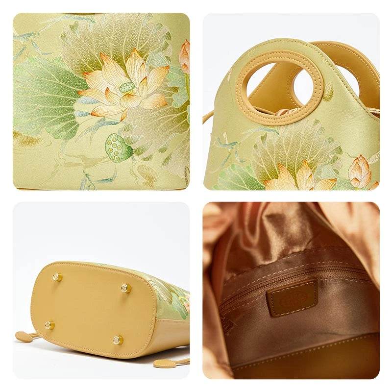 Printed Jacquard Lotus Green Drawstring Bucket Bag - SinoCultural -- LD120670-2