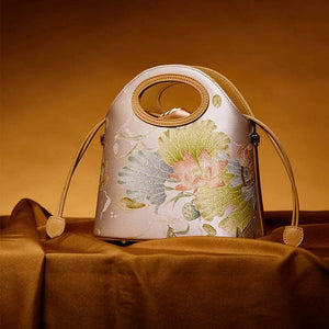 Printed Jacquard Lotus Khaki Drawstring Bucket Bag - SinoCultural -- LD120670-3