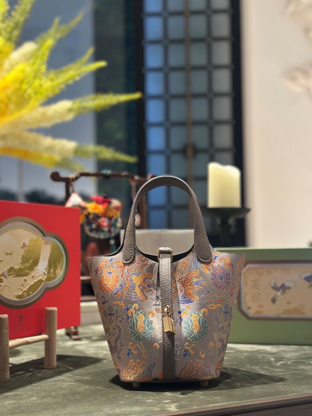 Song Brocade Silk & Leather Bucket Bag – Handmade Top Handle Bag