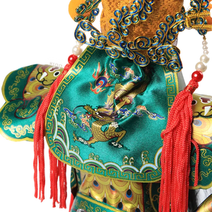 Costume back details of 12-inch Guan Yu doll (embroidered green-and-yellow robe).