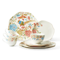 12-piece Chinoiserie bone china square plate set: 3 x 11" square plates, 3 x 8" square plates, 3 x 4.75" bowls, 3 x 180 ml teacups with floral & bird design.